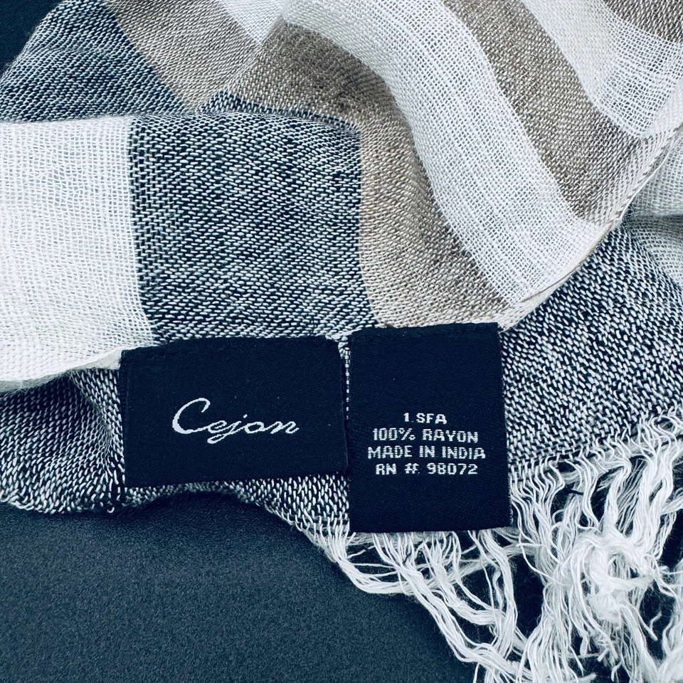 CEJON Woven Fringed Cream Tan Black 100% Rayon Striped Scarf 26" w x 72" l - Image 4 of 4