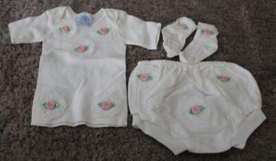 NOS MOTHER MAID 3 Piece Outfit Vintage Pink Rosettas White Socks Panties T shirt