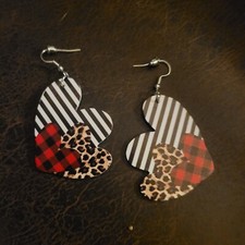 Faux Leather Triple Heart Stripe Buffalo Plaid Leopard Drop Dangle Earrings