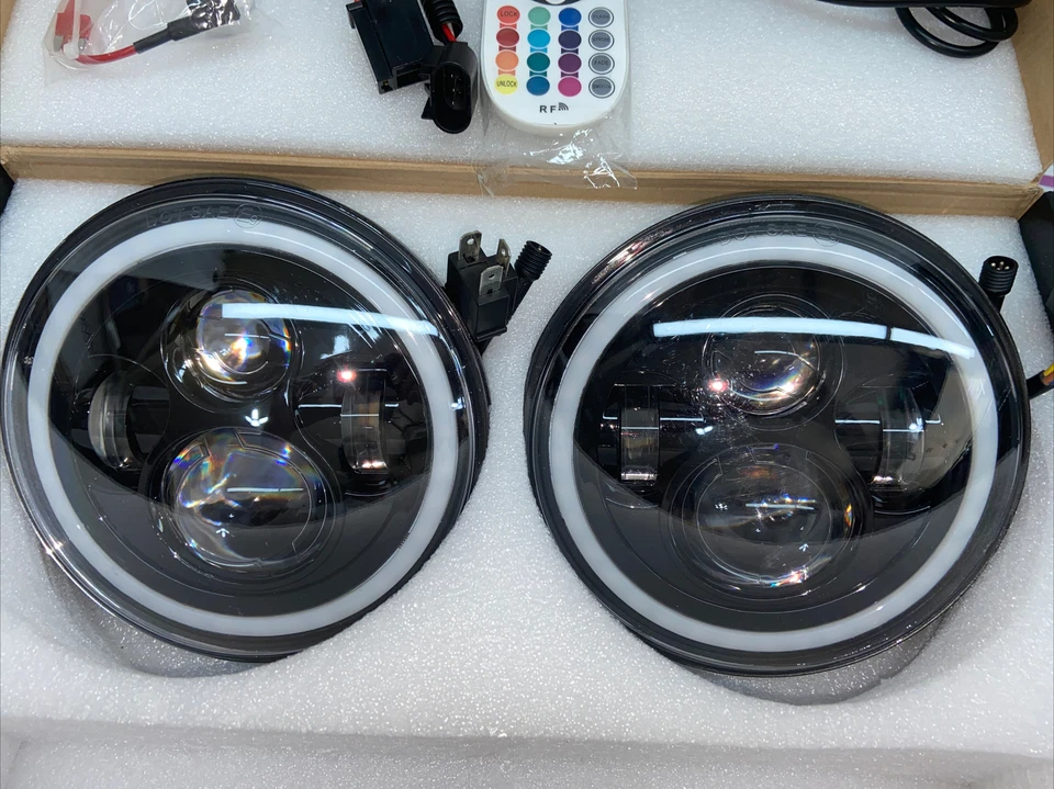 "Faros LED Halo RGB Jeep Wrangler Rubicon Suparee 7"" con control remoto, 97-18" Foto 2 de 4