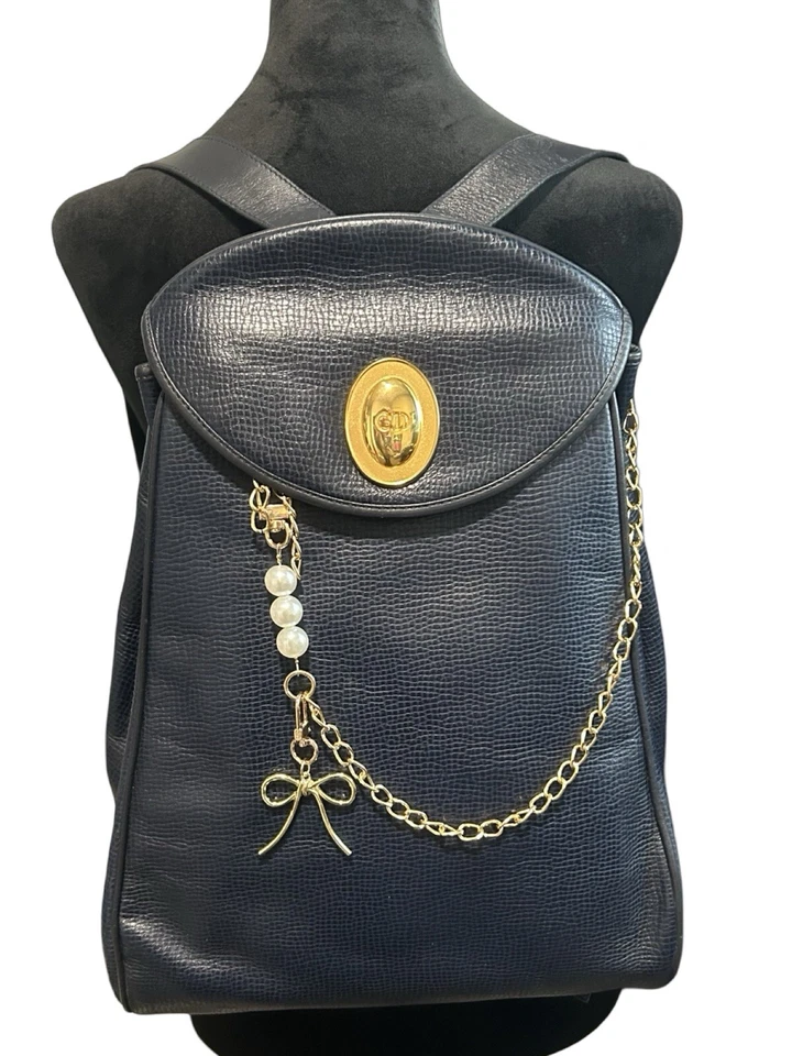 Christian Dior Back Pack CD Logo Black Gold Leather Authentic - Image 2 of 4