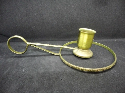 Antique Solid Brass Hand Held Candle Holder with Open Plate