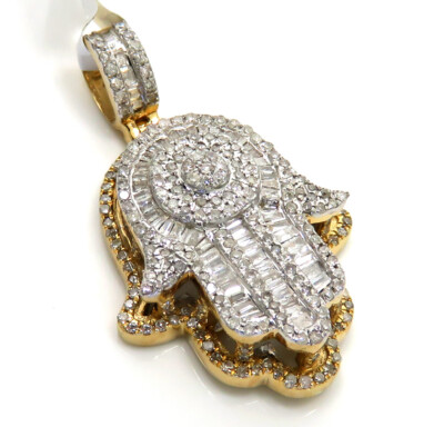 1,06ct Herren 14k Gold Baguette Diamant doppellagig Medium Hamsa Anhänger