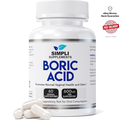 60 Count Natural Vaginal Suppositories with Boric Acid 600mg for Daily Freshness