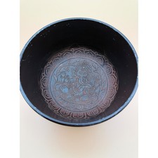 Tibetan Singing Bowl Set Ganesha Engraved Black Metal with Wooden Striker 6 inch