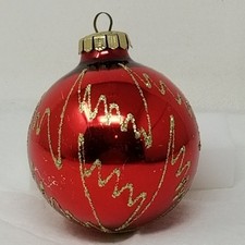 Christmas Ornament Red Glass Ball Gold Glitter Swirl Pattern Shiny Holiday Decor