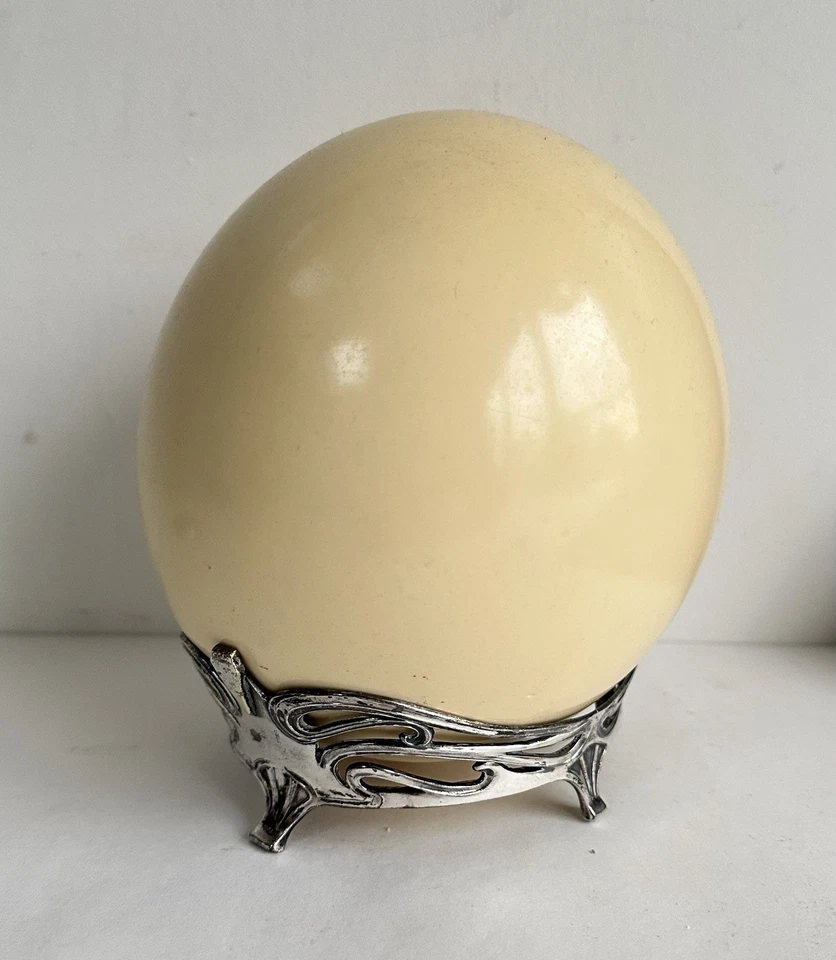 Ancien œuf autruche avec support socle WMF art nouveau Jugendstil métal argenté - Photo 2/4