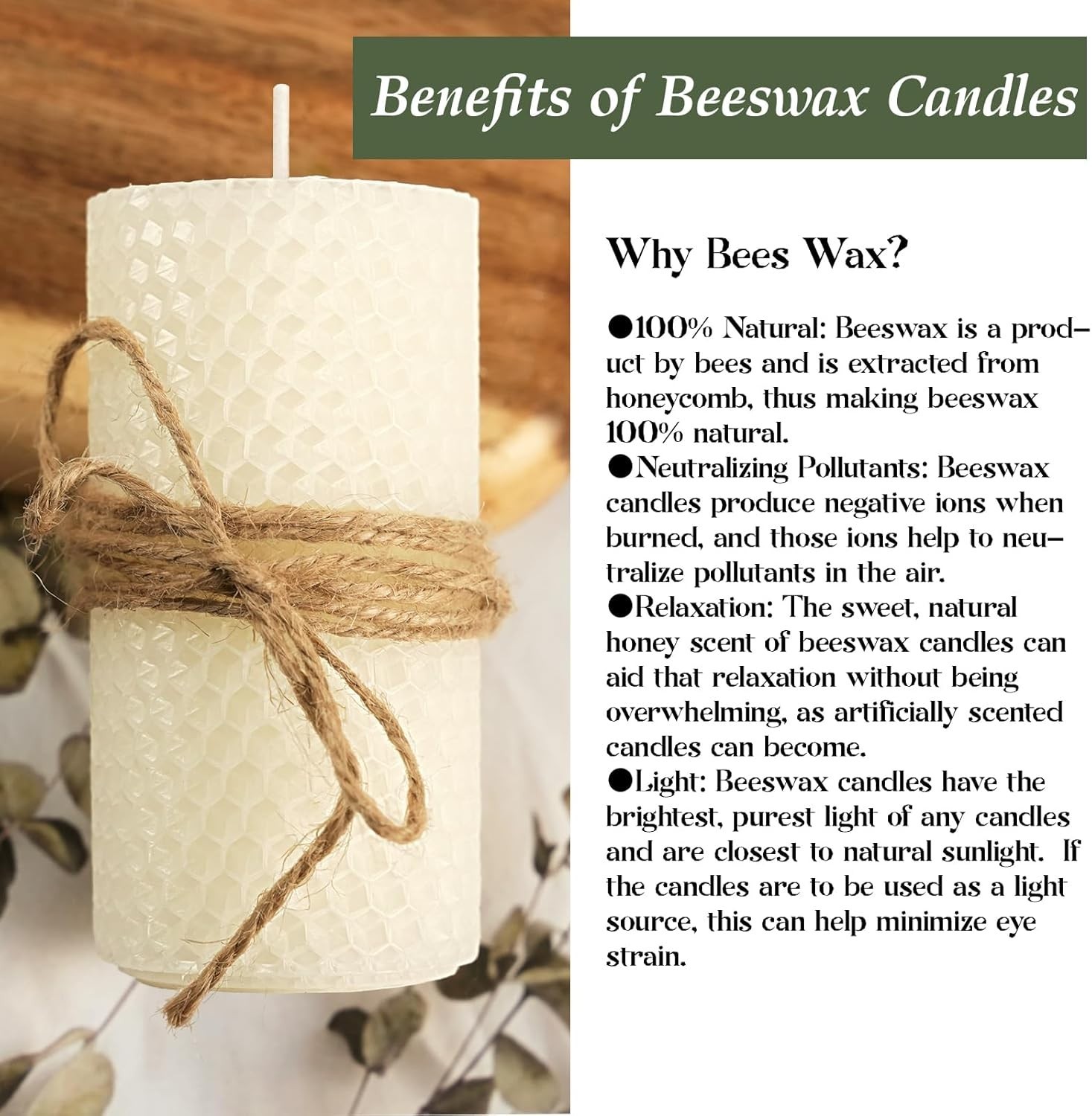 White Beeswax Candles 4 Pack Hand-Rolled Honeycomb Pillar 2x4 Inch, 15 Hour Burn