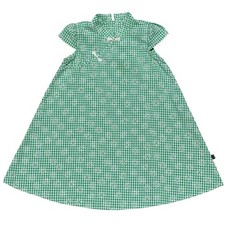 Vintage Girls Green Gingham Daisy Dress Mandarin Collar Puff Sleeve Cottagecore