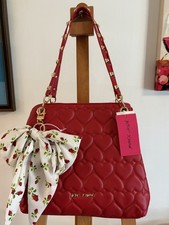 Betsey Johnson Red Quilted Heart Shoulder Bag With Floral Bow Charm