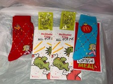 NEW 2025 Mcdonalds Holiday Grinch Socks 2-pairs Red Blue Shaker Bags/Salt