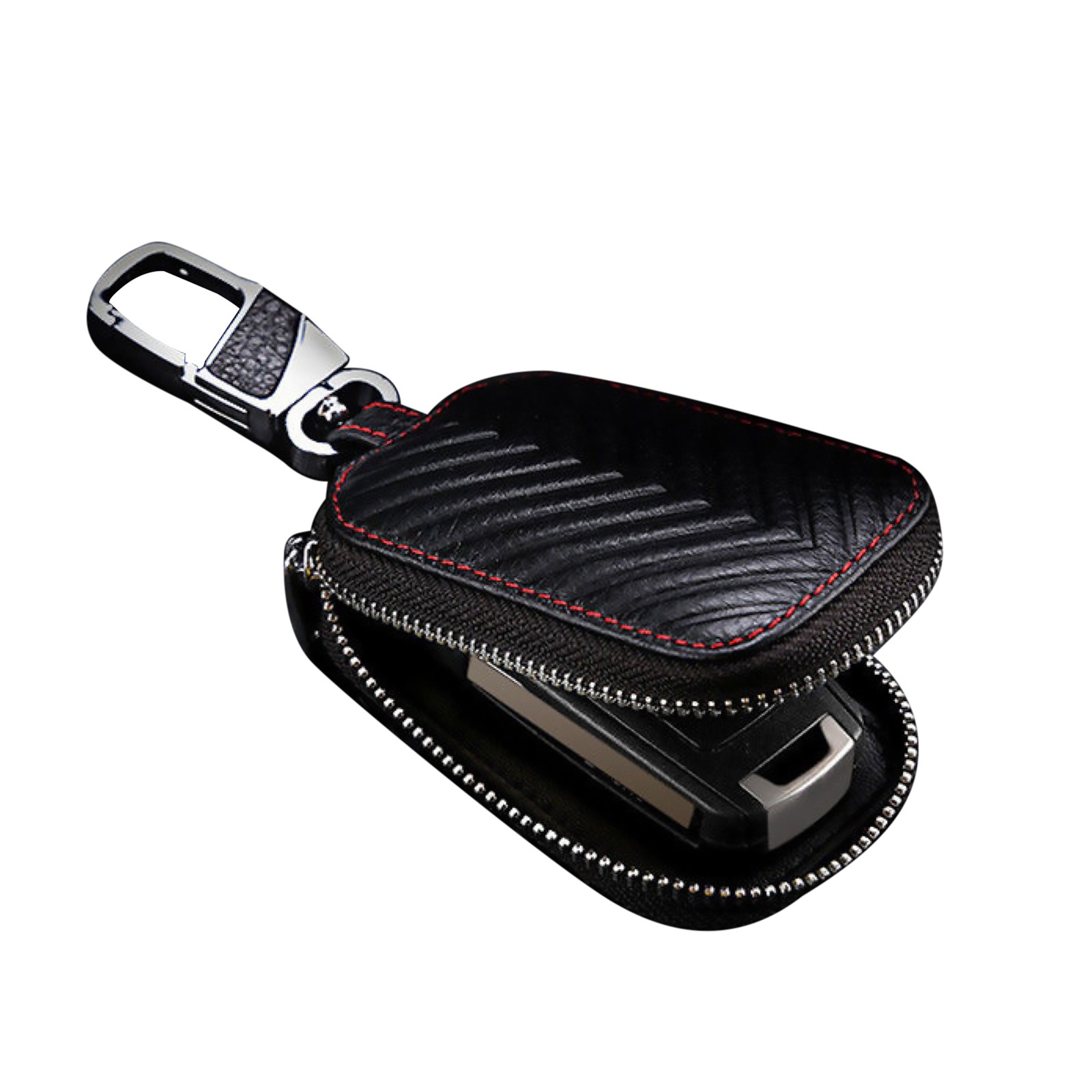 Black Car Key Chain Bag Genuine Leather Key Holder Cover Remote Fob Zipper Case