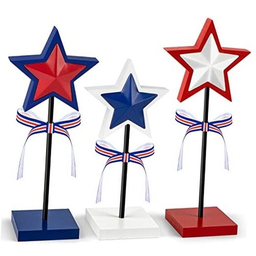 3 Pieces 4th of July Tiered Tray Decor Wood Star Set, Memorial Day Table