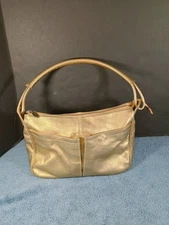 Furla Shiny Gold Satchel Shoulder Bag Purse Pebbled Leather Outside Pockets