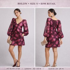 BHLDN Floral Puff Sleeve V-Neck Mini Dress Plum Pink Size S Wedding Guest Pocket