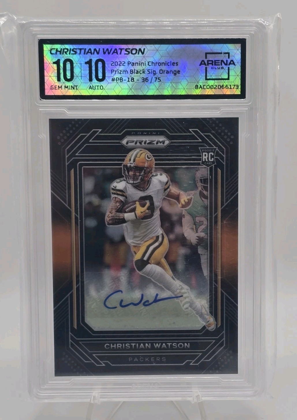 2022 Panini Chronicles Christian Watson Prizm Black Rookie Orange /75 Auto Arena
