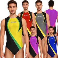Men Gym Athletic Leotard Round Neck Sleeveless Back Invisible Zipper Bodysuit