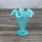 Vintage Fenton Hobnail Turquoise Milk Glass Ruffled Edge Trumpet Vase 4.25" Tall