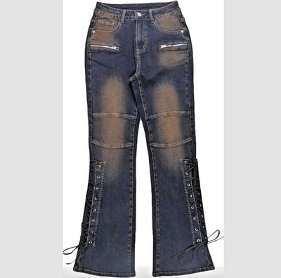 Gilipur Women's Casual Washed Cross-Tied Fitted Flared Leg Gothic Pants Jeans L