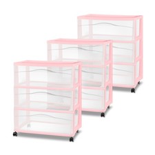 Sterilite Wide 3 Drawer Storage Cart, Plastic Rolling Organization, Pink, 3 Pack