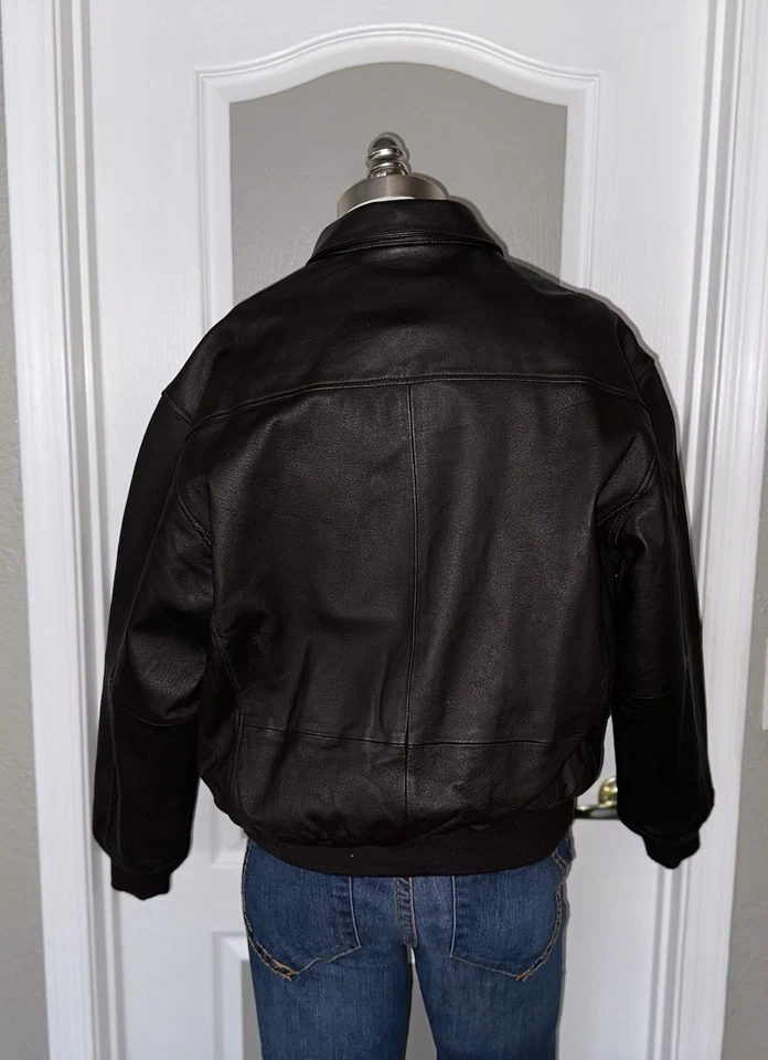 Airborne Bomber Jacket Mens Size L zip and snap Brown Lined USA Flag Leather - Image 4 of 4