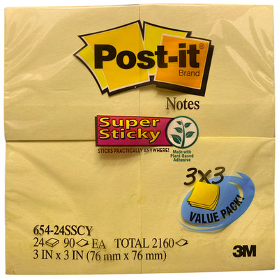 Post-it Notes Super Sticky Pads, 3'' x 3'', Canary Yellow, 24 Pads, 2,160 Sheets