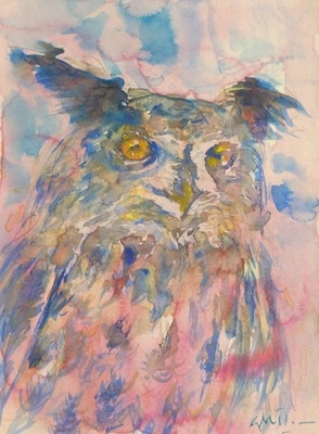GERRY MILLER. Aquarell-"Eule". Ohne Rahmen. 24x32cm. - Bild 1 von 4