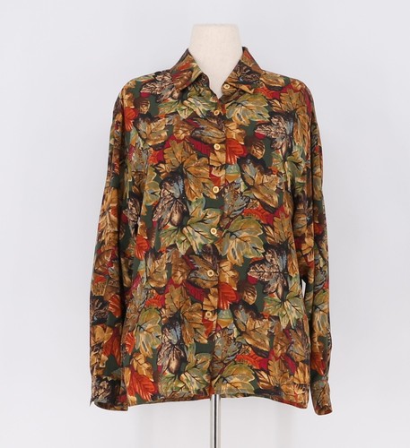 Vintage MAGGY LONDON Long Sleeve Silk Blouse Autumn Leaves Size 10