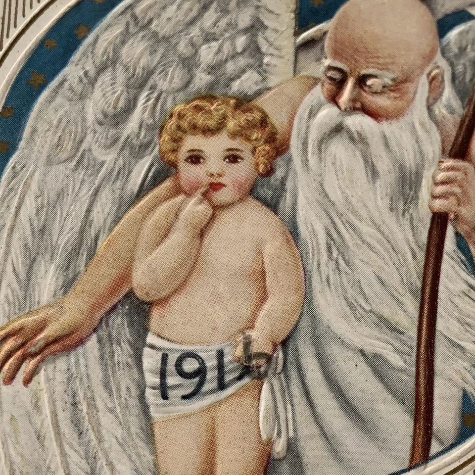 Antique Embossed Foil Postcard Baby New Year Father Time Scythe 1916 Postmark - Image 3 of 4