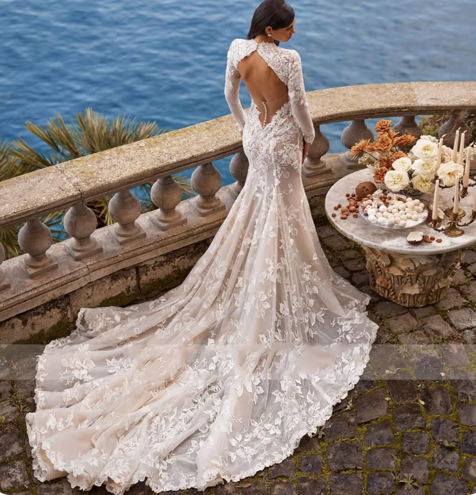 Elegant O Neck Long Sleeve Lace Mermaid Wedding Dresses Luxury Backless  Applique | eBay