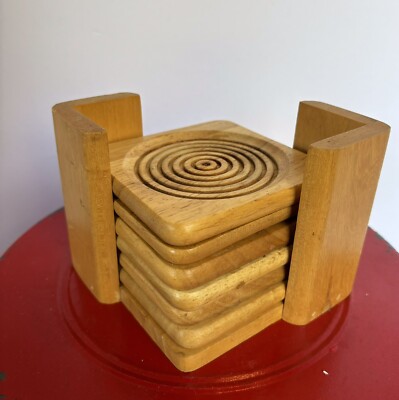 Vintage MCM Dolphin Genuine Teakwood 6 Coaster Set Original Holder Retro