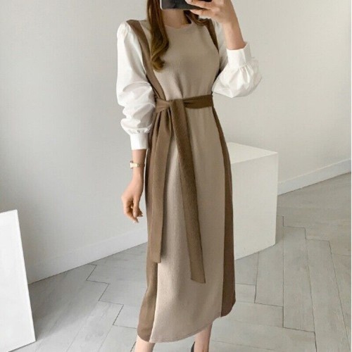 Damen gemischte Farben Patchwork Langarm Rundhals Gürtel Slim Fit Strickkleid - Bild 1 von 12