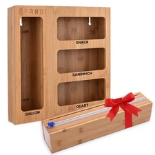 Ziplock Bag Drawer Bamboo Storage Wrap Organizer Dispenser Set w/Slide Cutter