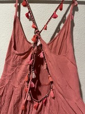 Orange Dress Coverup Open Back Tassels Beads Boho Festival Sz S/M Handmade v1