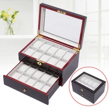 20 Slot Wood Watch Box Display Case Glass Top Jewelry Storage Organizer Box&Lock