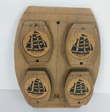 Vintage Nautical Keg "The Clipper" Coaster Set Wood and Cork set of 7