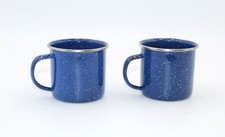 2 Blue Enamelware Mugs 12oz White Speckled Metal with Silver Rim Camping Mugs