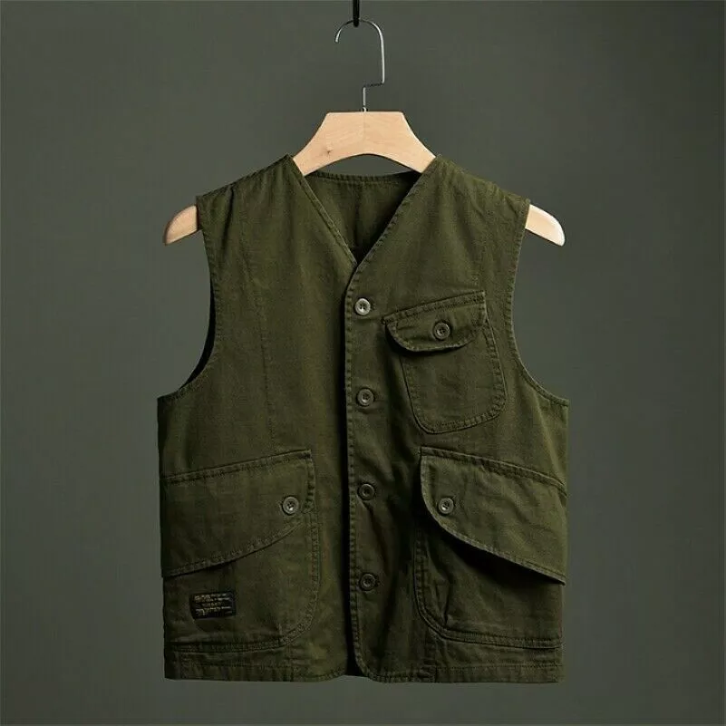 Men Waistcoat Gilet Cargo Vest Pocket Sleeveless Jacket Military Vintage Top