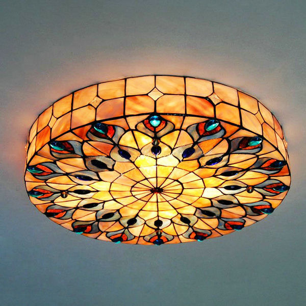 Tiffany Colorful Stained Glass Peacock Ceiling Light Flush Mount