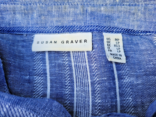 Susan Graver M Bluse Top Leinenmischung blau weiß gestreift Button Down Shirt
