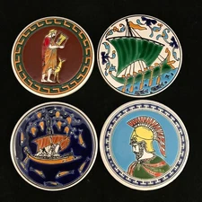 Set of 4 Handmade Greece Coasters Niarchos Smaltotechniki Ships Warrior Musician
