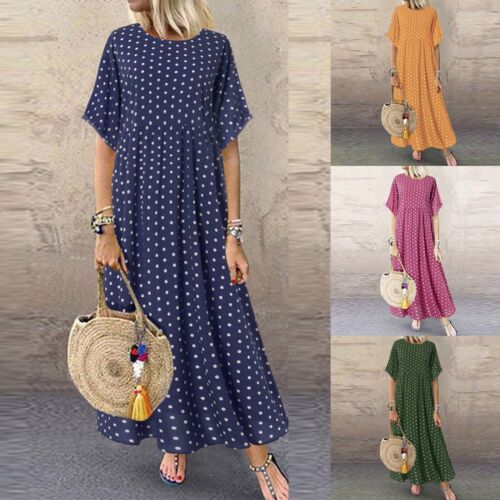 Summer Womens Casual O Neck Short Sleeve Dot Dress Size Plus Peinted Dress