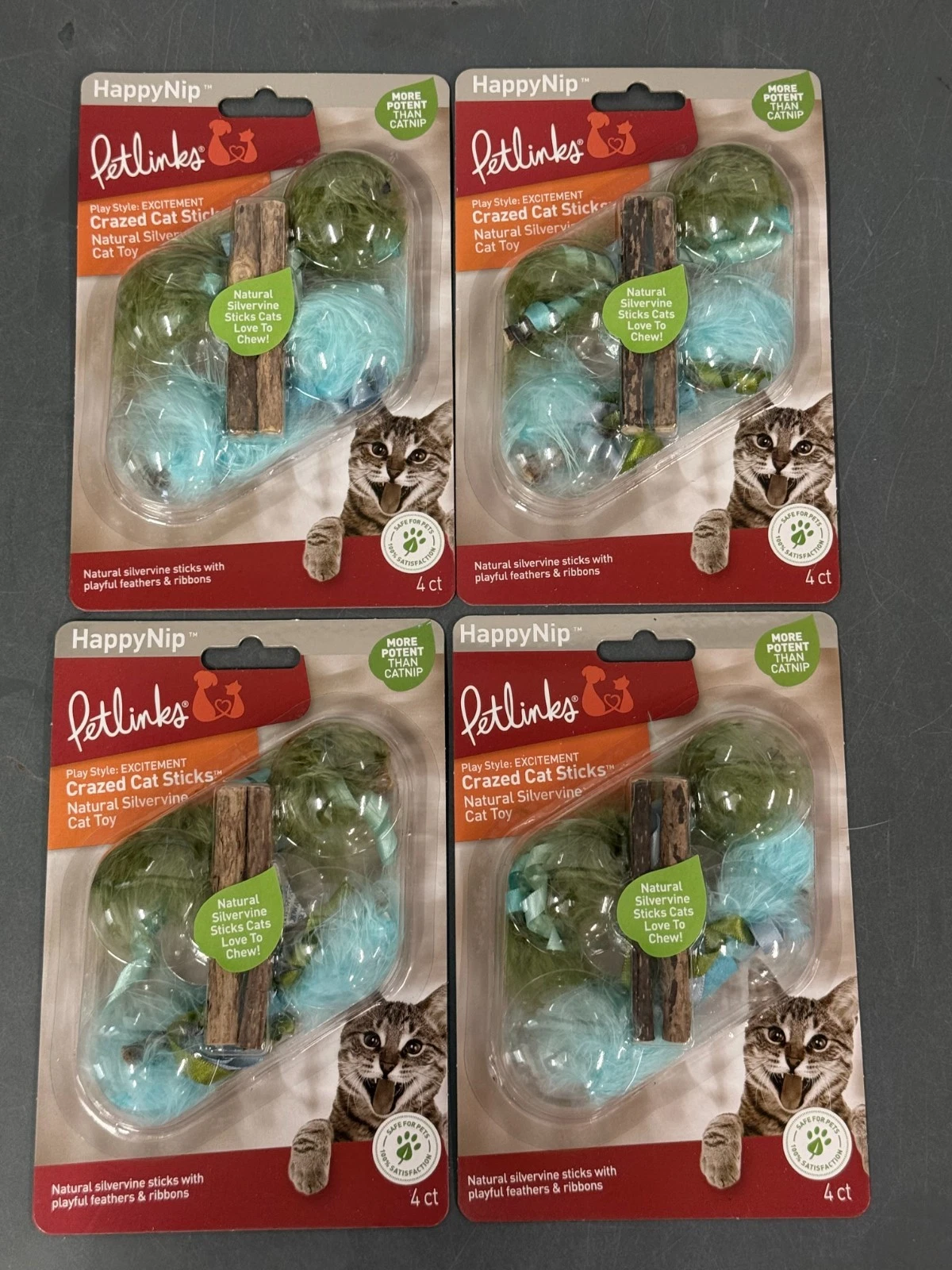 (4) Petlinks HappyNip Crazed Cat Sticks Natural Silvervine Cat Toys - Blue/Green