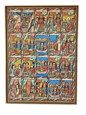 Vintage Ethiopian Hand-Painted Religious Panel on Canvas –