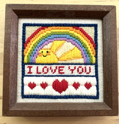  Vintage 80 s Needlepoint Wall Art  I Love You  Rainbow Sun Hearts Wood Frame