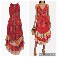 Farm Rio Dress Mixed Fruits Ocean Tiered Midi Tropical Boho Ruffle Sleeveless Sm