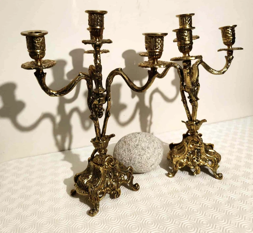 paire de chandeliers ancien en bronze doré 5 branches vintage - Photo 3/4