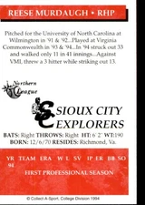 1994 Sioux City Explorers Collect-A-Sport #18 Reese Murdaugh Richmond Virginia