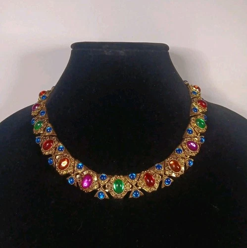 Vtg 80’s Necklace 16”L Brassy-Gold Bold Cabochon Statement Costume Jewelry