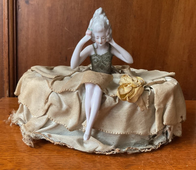 Antique Porcelain Half doll With Legs Box Lid